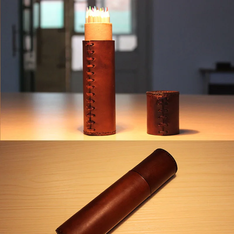 

Handmade Genuine Leather Desk Stationery Organizer Cylindy Pen Holder Portable Pen Case for Office Accessories House Supplies