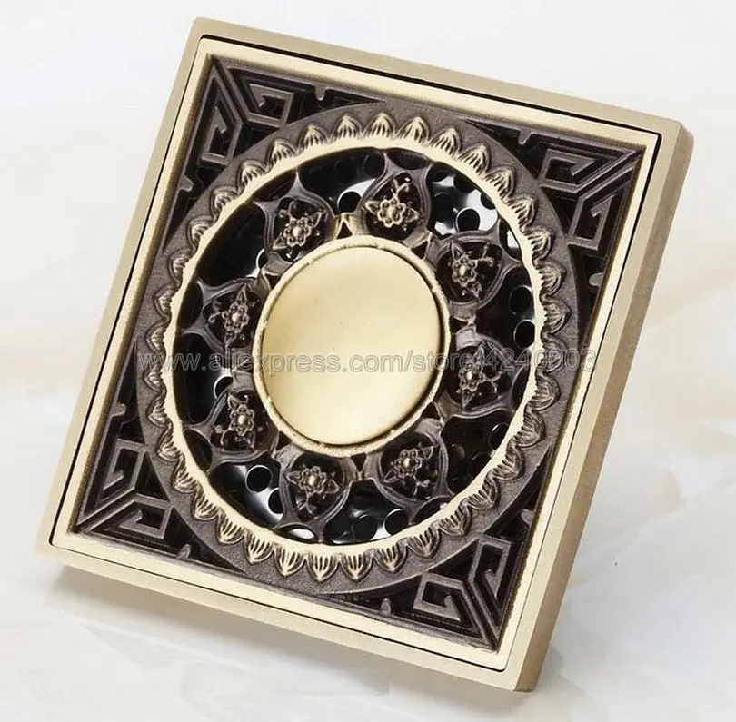 Antique Brass Square Shower Drain Brass Floor Drain Trap Waste Grate With Hair Strainer Bathroom Shower Accessories Khr019