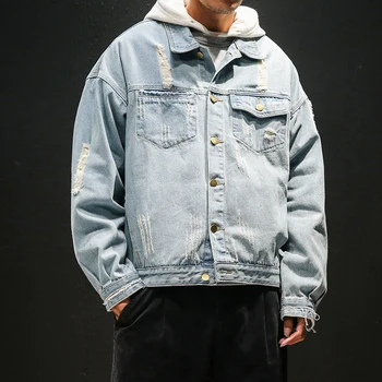 

Men Denim Jackets 2019 New Arrival Frayed Hole Man Jean Outerwear Turn-down Collar Men Jackets and Coats Light Blue 4XL 5XL 056