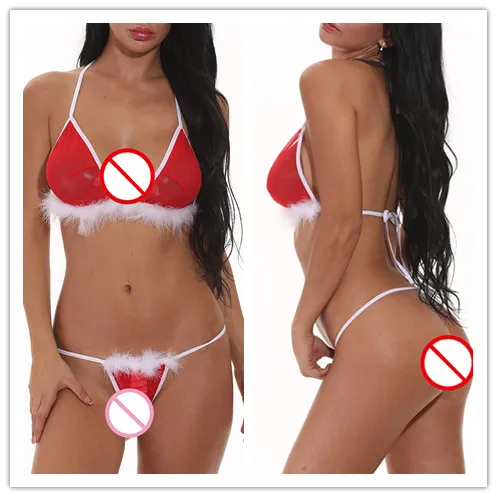 Plush Red See-through Lace Lingerie Set Christmas Feather Erotic Bra + G String Appeal Set Pyjamas Set