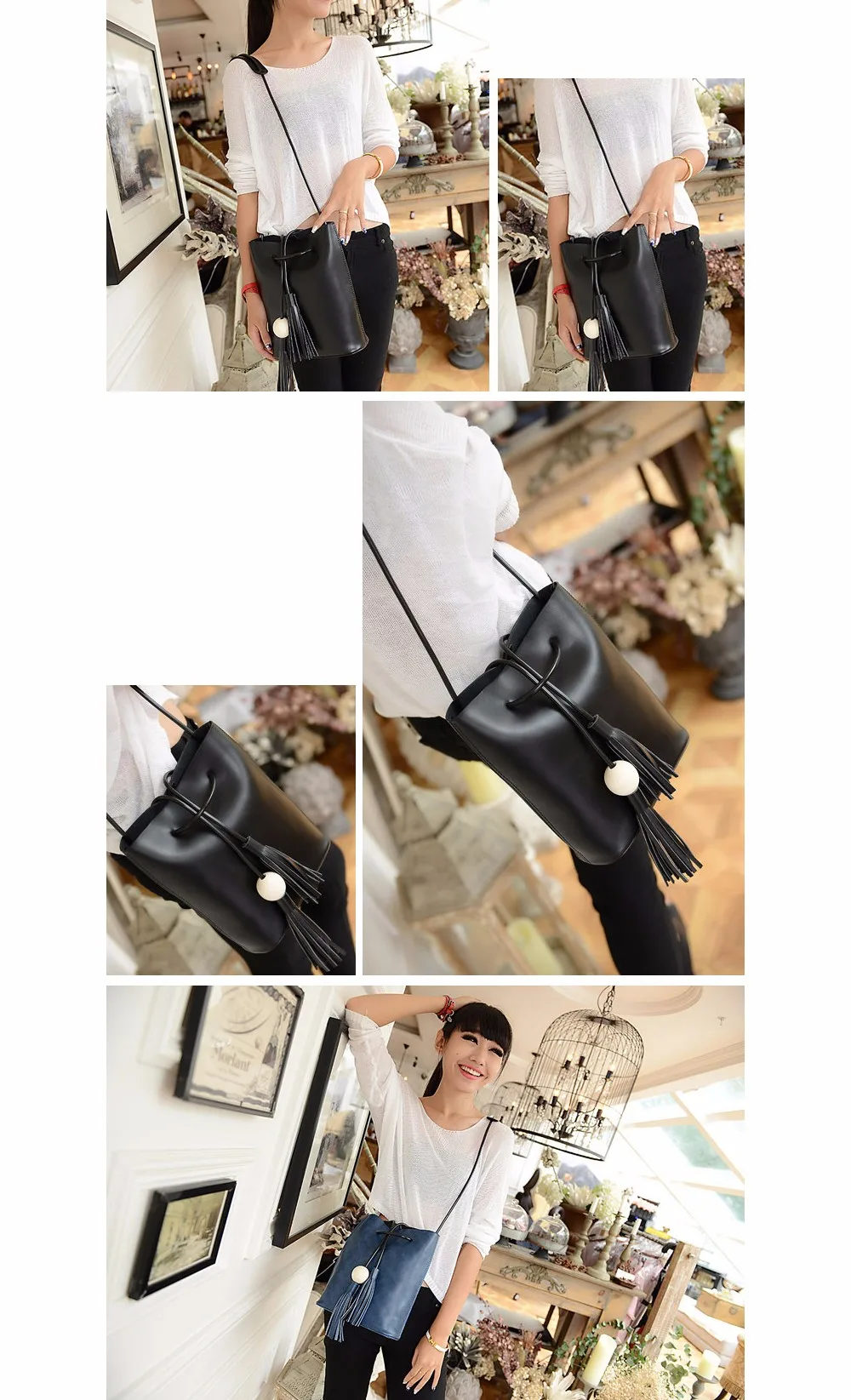 Vintage Tassel Fringe White Ball Bucket Bag For Women Female Messenger Bag Shoulder Bag String Casual Quality Leather New 2014 model