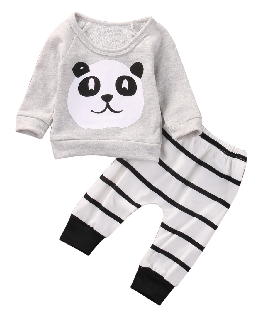 2Pcs Cute Newborn Infant Baby Boy Girl Panda Long Sleeve T-shirt Striped Pants Outfit Clothes Set