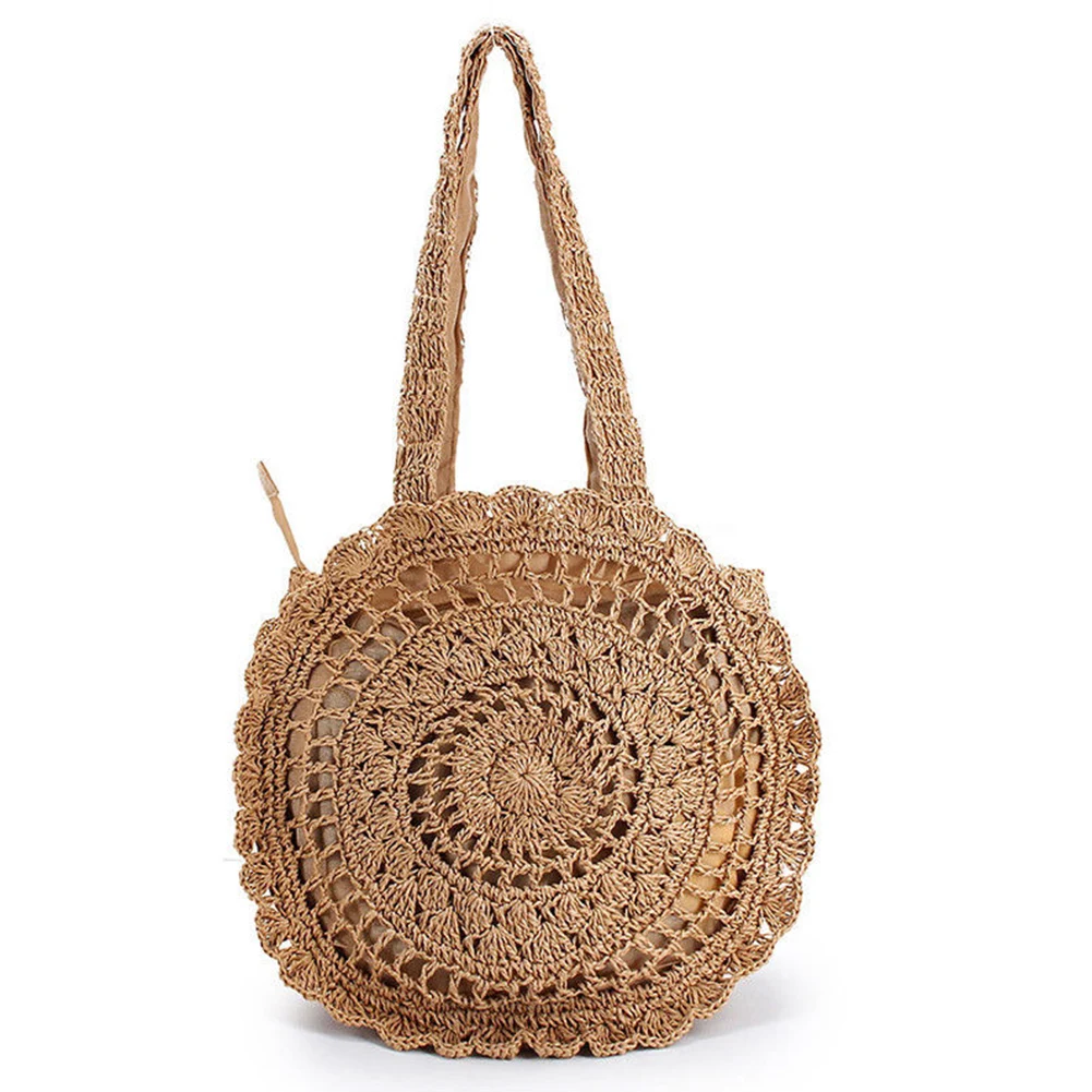

Women Shopping Bag Round Vacation Rattan Bag Straw Handbag Shoulder Bag Hollow Out Bohemian Summer Large Woven Tote Crochet Bag