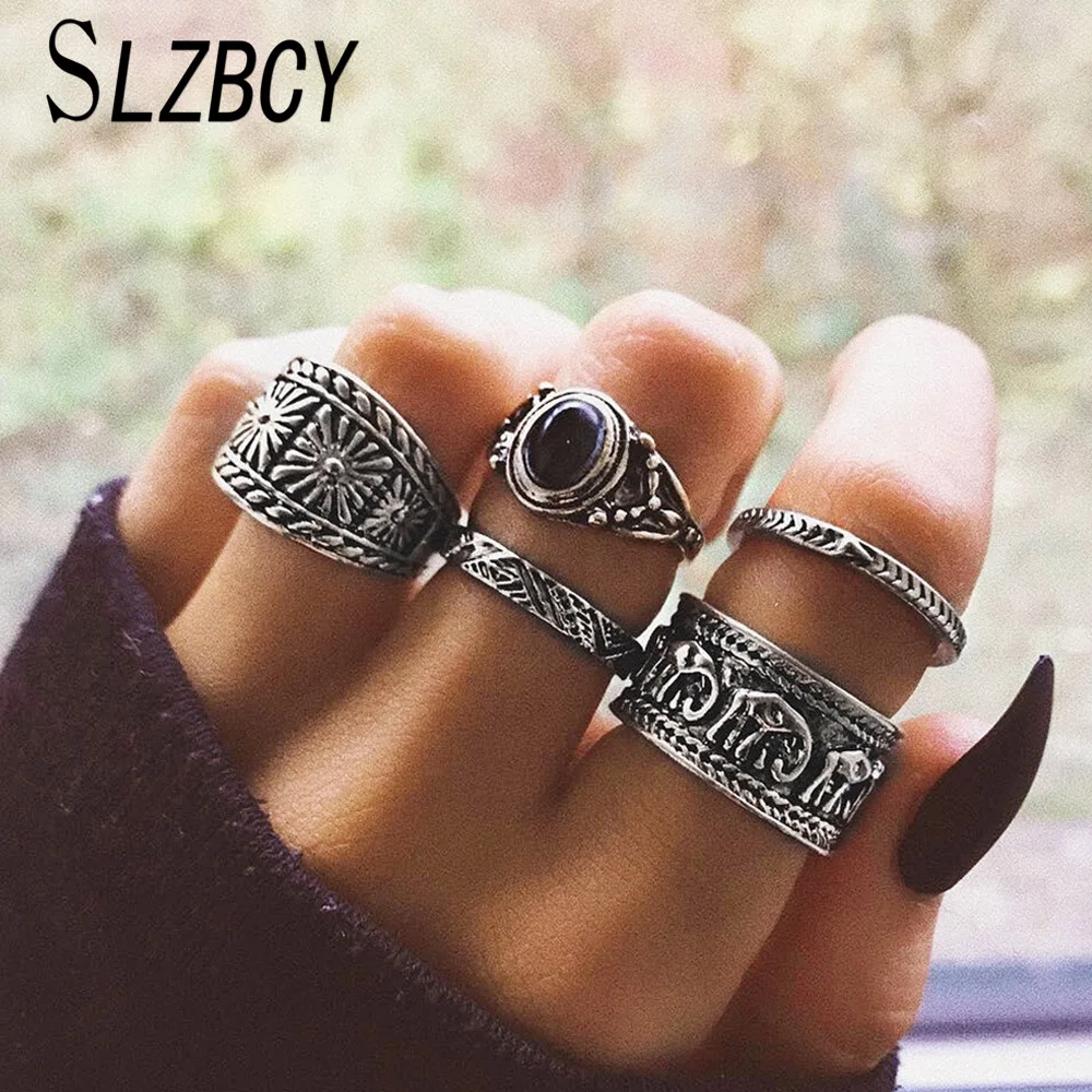 

SLZBCY Ethnic Black Stone Elephant Wide Rings Sets For Women Geometric Knuckle Finger Ring Punk Party Jewelry Gift Anillo 5PCS