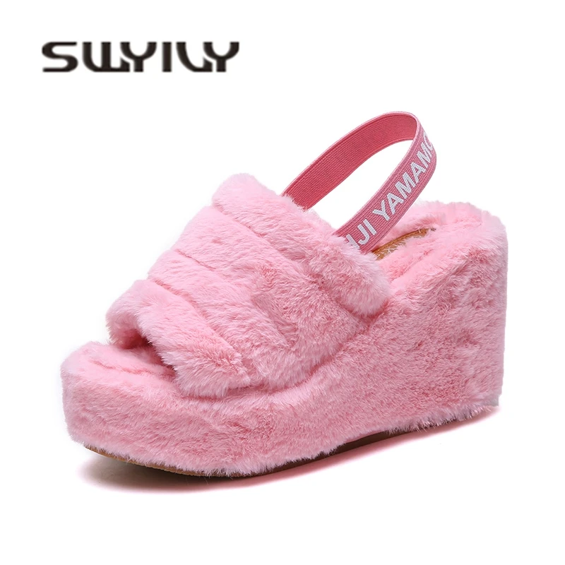 

SWYIVY Fur Sandals Woman Platform 2019 Winter Spring Wedge Heel Female Hot Sale Sandals Shoes Warm Fur Casual Shoes Velvet Warm