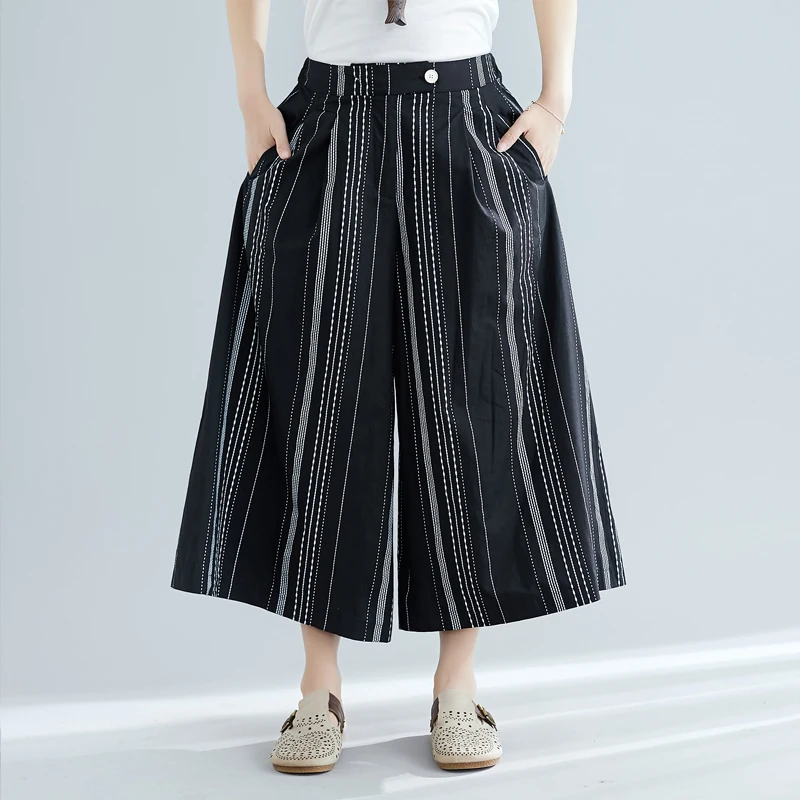 #0648 Summer Striped Wide Leg Pants Women Black White Korean Style Casual Vintage Baggy Pants Thin Trousers Ladies Loose