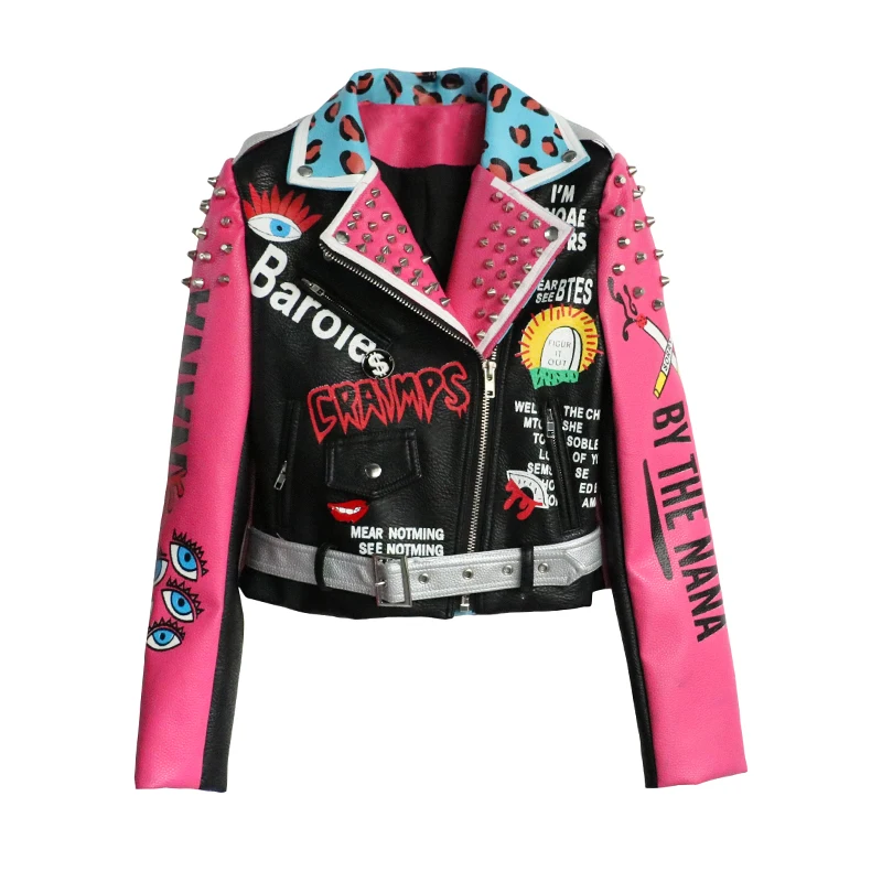 TREND-Setter 2018 Autumn Fashion Punk Style Pink Leather Jacket Women Slim Rivet Motorcycle Jacket Graffiti Pattern