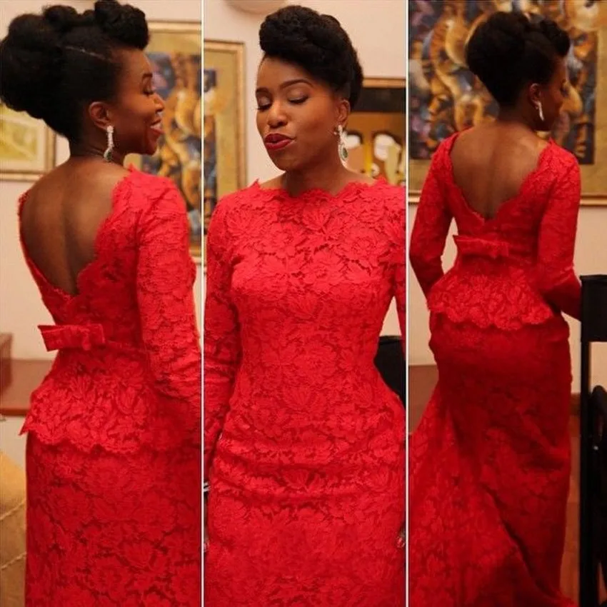 Designer African Evening Wear Mermaid Lace Long Sleeves Liques Designer African Evening Wear Mermaid Lace Long Sleeves Liques Boat Neckline Dress Knot Bow Red Women Party Dresses In From