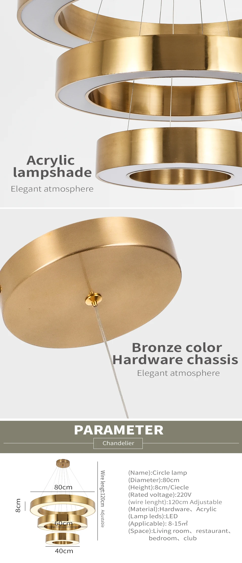 Светодиодный подвесной светильник золотого цвета, современный для столовой, гостиной, гостиничного номера, 40 см-120 см, круглые кольца, светодиодный светильник