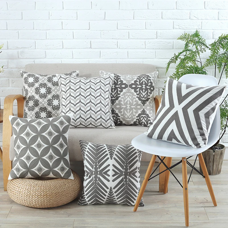 

Home Decor Embroidered Cushion Cover Grey Pink Geometric Canvas Cotton Square Embroidery Pillow Cover 45x45cm