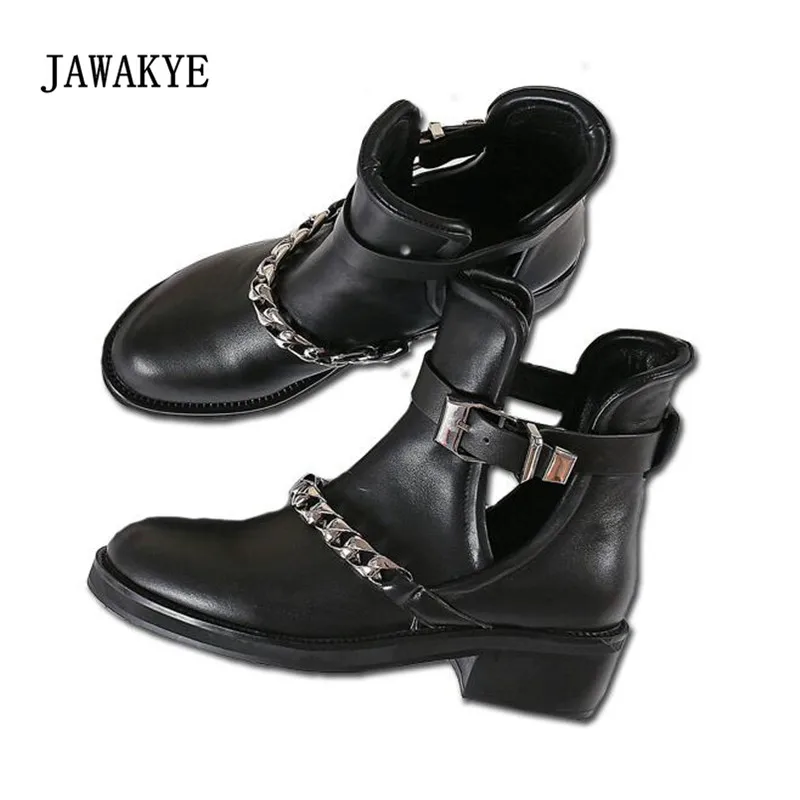 

2017 New Silver Chain Martin Boots Women Round Toe Black Real Leather Cut-out Buckle Motorcycle Boots Woman Fashion Ankle Boots