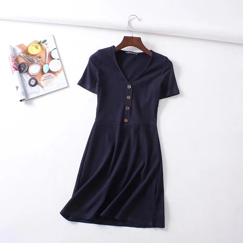 Beach Summer Dress Women Knitted Button V neck Rib Black Red Mini Dress Elegant Kawaii Casual Korean Vestidos