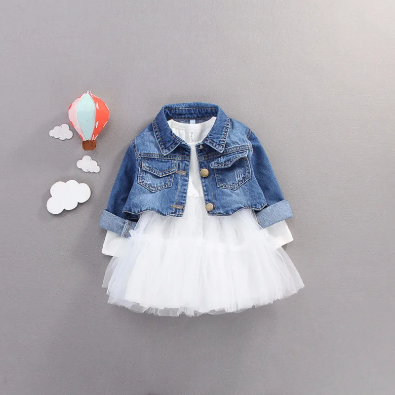 Goedkoop Nieuwe Patchwork Katoen Engeland Stijl Herfst Herfst Meisjes Jurk Baby 0 3 Jaar Kinderen Prinses Jurk Jeans Mesh Twee stuk Jurk