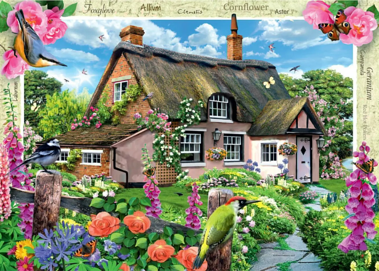 Fairy Garden Cottage Flower Leaves Butterfly Bird Fence Background