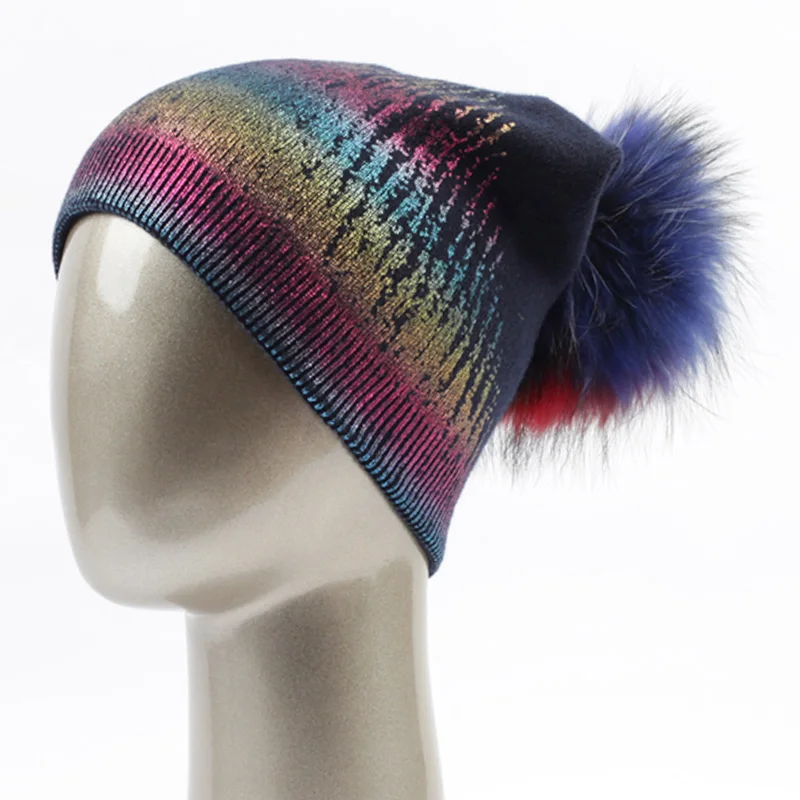 Mixed Color C Geebro женские шапочки шапка зимняя Повседневное теплый вязаный шерстяной Beanis с Натуральный мех pom дамы енота Мех животных помпонами Skullies Hat - Цвет: Mixed Color C