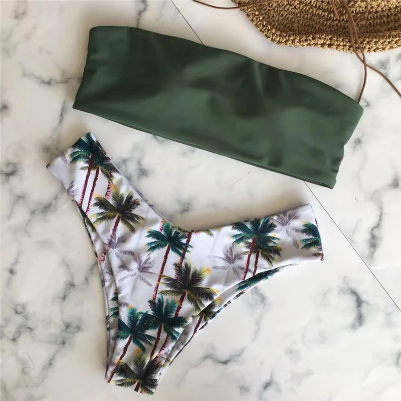

Sexy Swimwear women 2019 Bikinis Two piece swimsuit Bandeau bikini coconut tree print Swim Suit Off Shoulder Bathing suit women