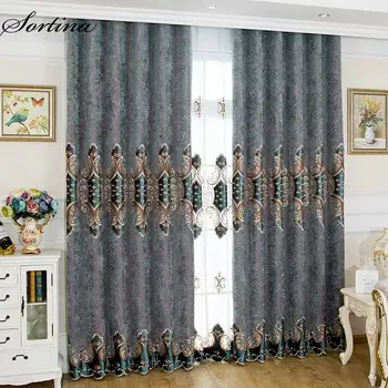 

Living Room Blackout Grey Curtain Window Ready Door Roman Luxury Christmas Curtain and Tulle European Velvet Embroidery Drapes
