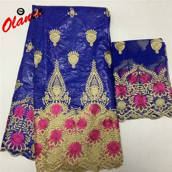 

Embroidered Golden Vines and Flowers with beads 5 yards Bazin and 2 yards net lace PB14,Free Shipping NICE WAX lace Fabric