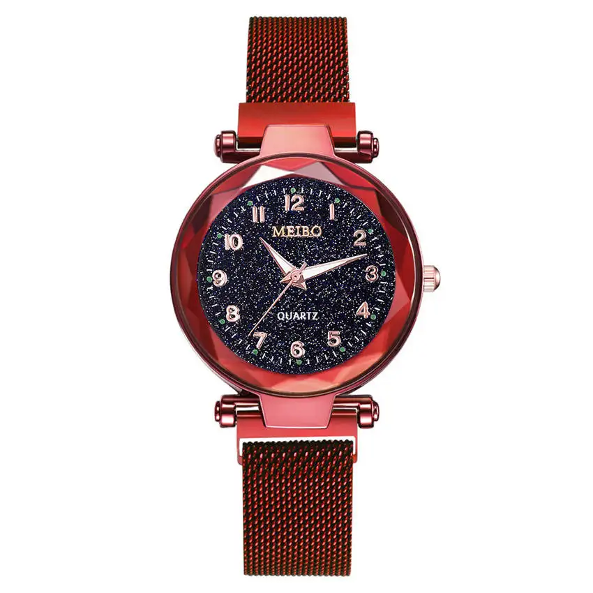 Классические роскошные модные часы Для женщин часы Звездное небо плоским Стекло кварц сетки с магнитной застежкой женские часы - Цвет: Red