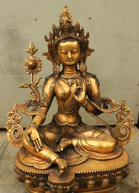 

huij 006817 17" Folk Tibet Tibetan Bronze Copper Buddhism Green Tara Kwan-Yin Goddess Statue