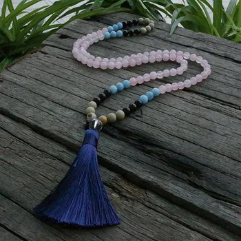 

8mm Rose Quartz And Amazonite Beads Necklace, Associated With Love JaPaMala, 108 Bead Mala, Mala Jewelry, Mala Prayer Beads