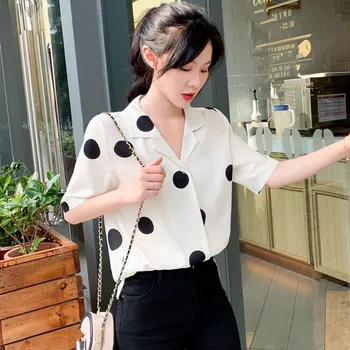 

2019 Women Short Sleeve Polka Dot Shirt 2019 Summer Elegant Turn-Down Collar Chiffon Blouse Casual Loose Tops