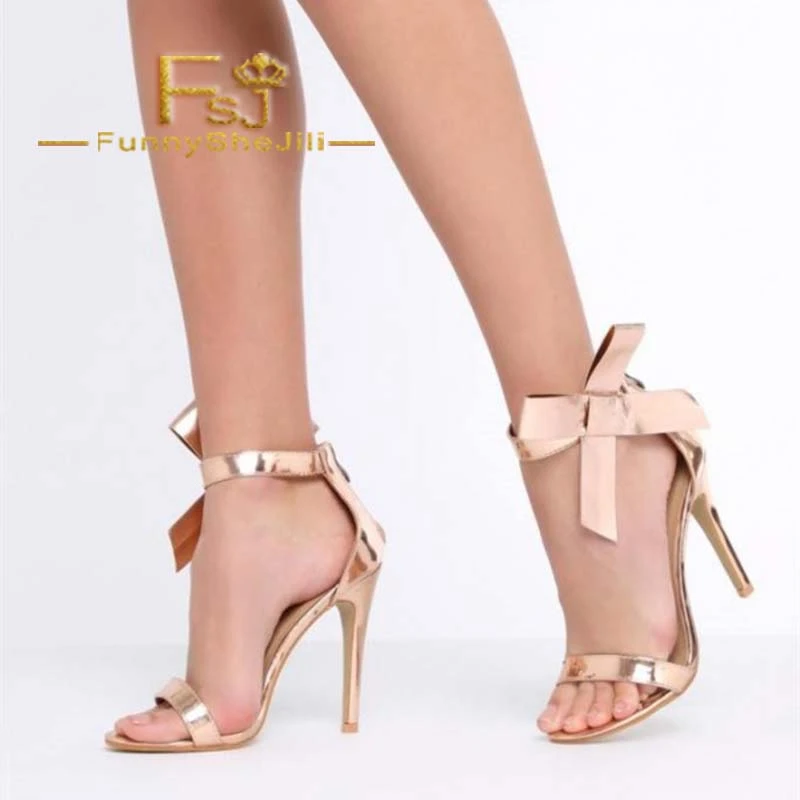 Rose Gold Side Bow Heels Open Toe Ankle 