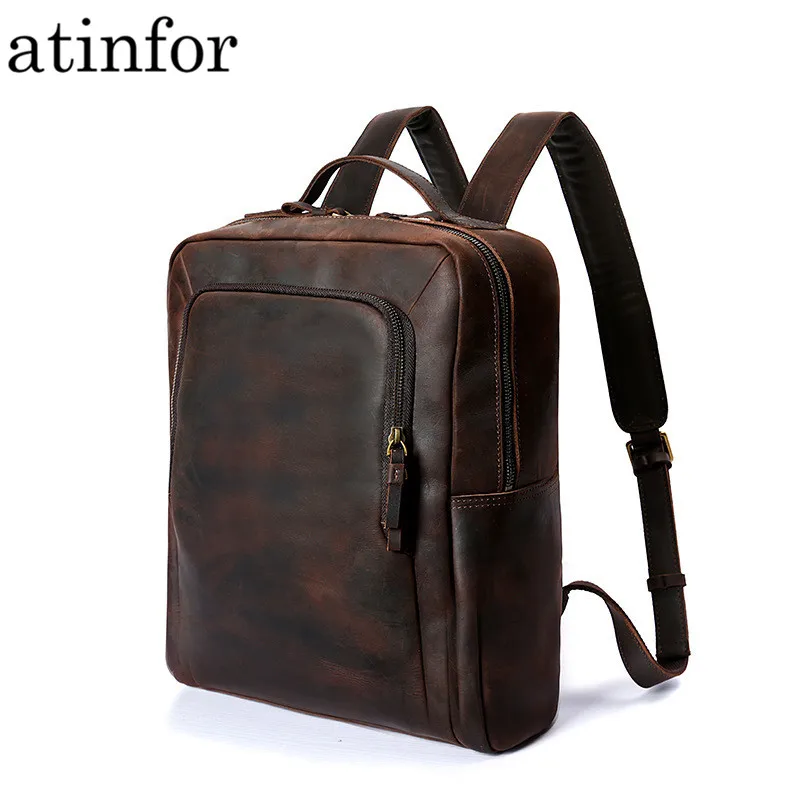 

atinfor Brand High Quality Genuine Leather Vintage 14inch Laptop Backpack Men