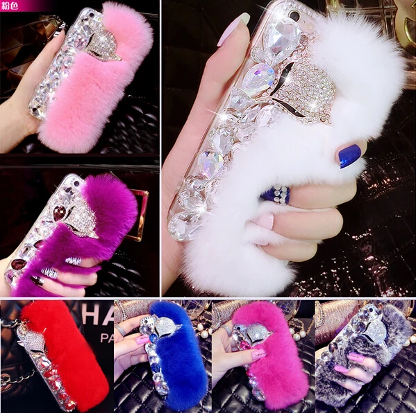 

3D New Big Diamond Real Rabbit Fur Soft Cover Case For Iphone 11 Pro Max X XS MAX XR 6 6s 6Plus 7G 8G 7 8 Plus Luxury Bling Case