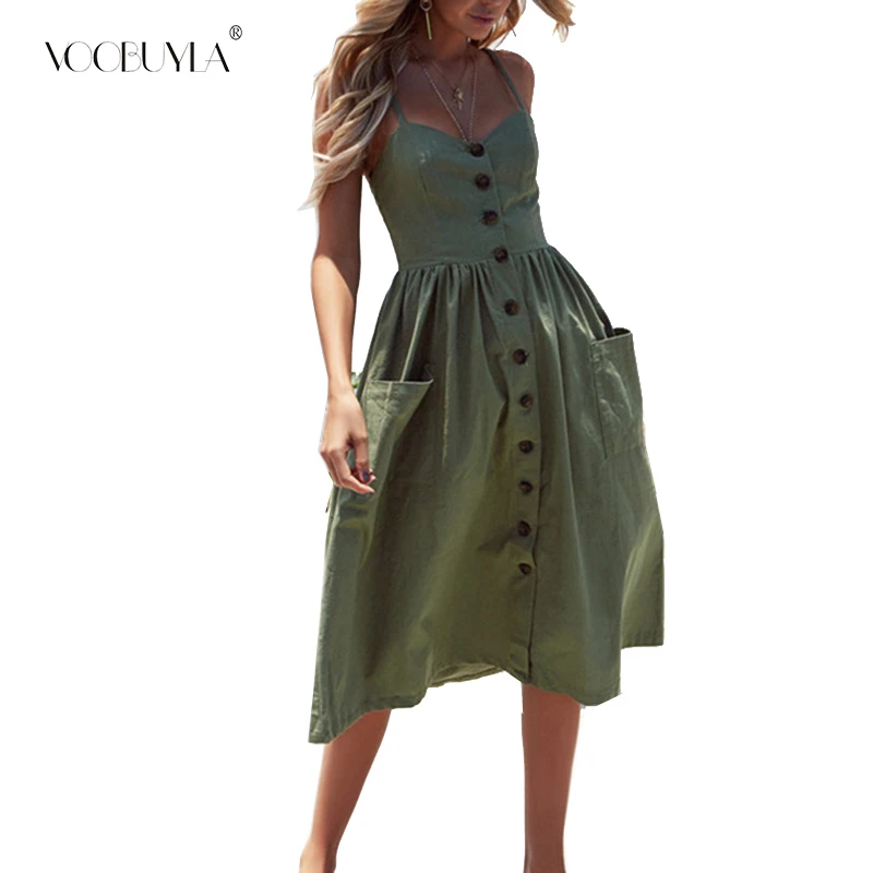 

Voobuyla Casual Vintage Sundress Women Summer Dress Boho Sexy Dress Midi Button Backless Polka Dot Stripe Floral Beach Dress 3XL