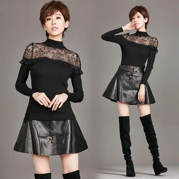 

American Style Women 2017New Spring Autumn Fashion Elastic Lace Patchwork Turtleneck Sexy Sweater Female Casual Cotton Pullovers