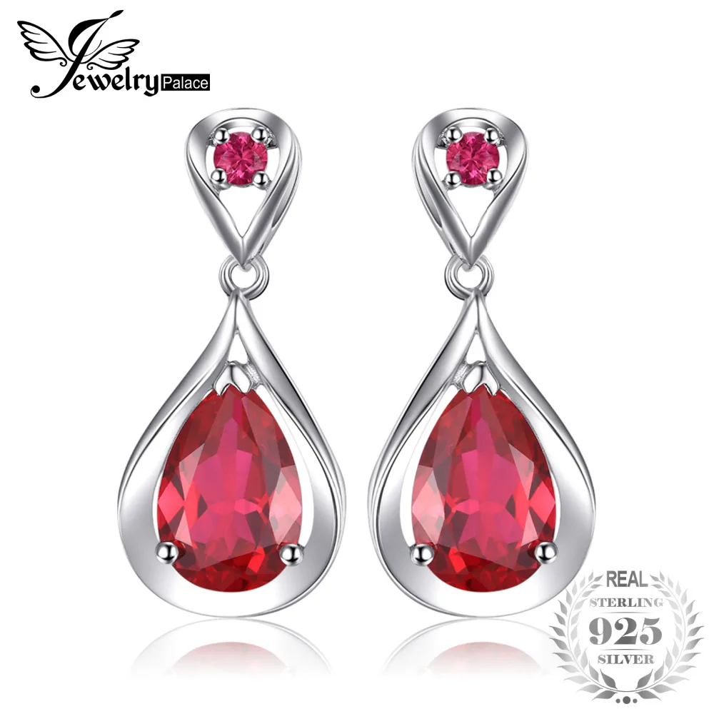 

JewelryPalace Water Drop 8.8ct Created Red Rubies Dangle Earrings Solid 925 Sterling Silver Brand Luxury Wedding Jewelry Women