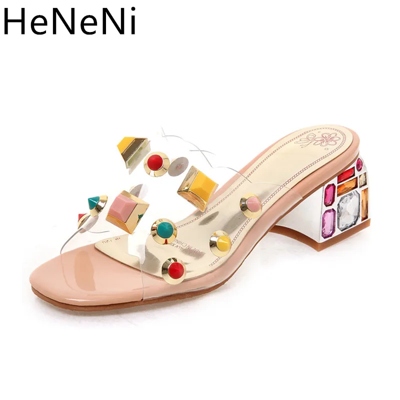 

2019 summer EVA transparent shoes Women Slippers sandals Rhinestone beads Square heel female casual solid Party Slippers 33-43