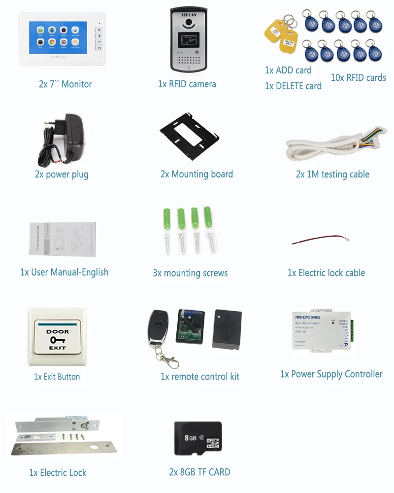 JERUAN Новый 7 ''ЖК-дисплей Экран видео-телефон двери голос/видео Запись домофон комплект 2 белые мониторы + RFID Доступа ИК Камера