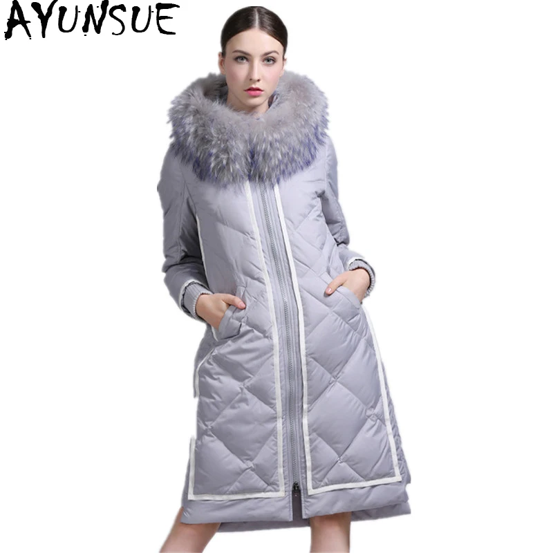 AYUNSUE, женский пуховик, длинное пальто для женщин, воротник из натурального меха енота, теплая зимняя куртка, Женская парка, ткань, doudoune femme 501