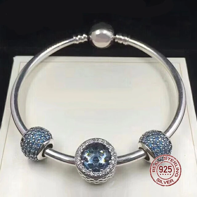 

NEW 100% 925 Sterling Silver Bracelet Blue Charm Bangles for Women With DIY Beads Modern Jewelry Bracelet Set Gift