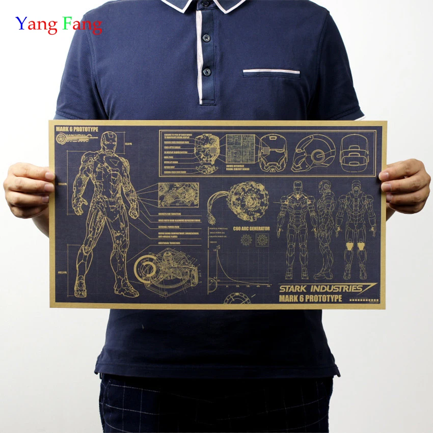 

Hollywood Movie Poster Adornment Picture Iron Man Design Drawings Nostalgic Retro Kraft Paper Wall Stickers 51x29cm