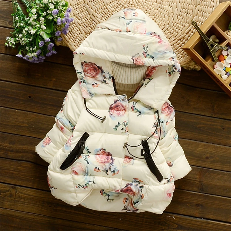 

2018 Winter Baby Girls Floral Print Thick Warm Hooded Cotton Down Coats Snow Wear Children's Outerwears casaco roupas de bebe