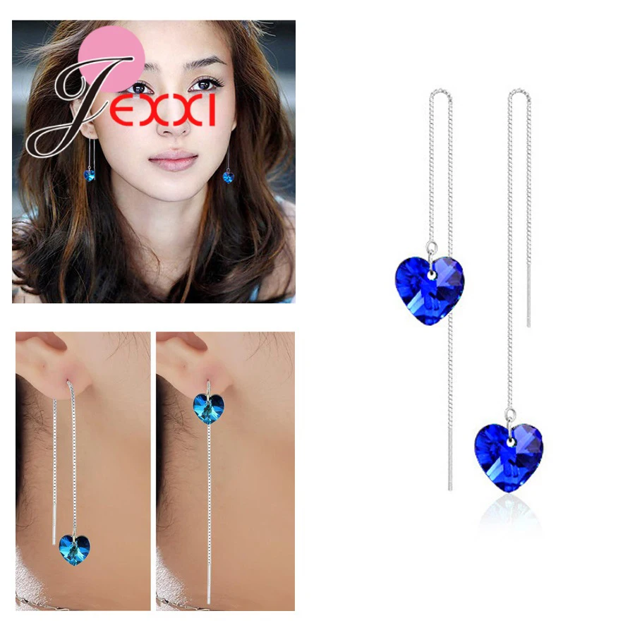

Women Heart Crystal Long Dangle Earrings For Wedding Jewelry 925 Sterling Silver Ear Line Party Brincos Bijoux
