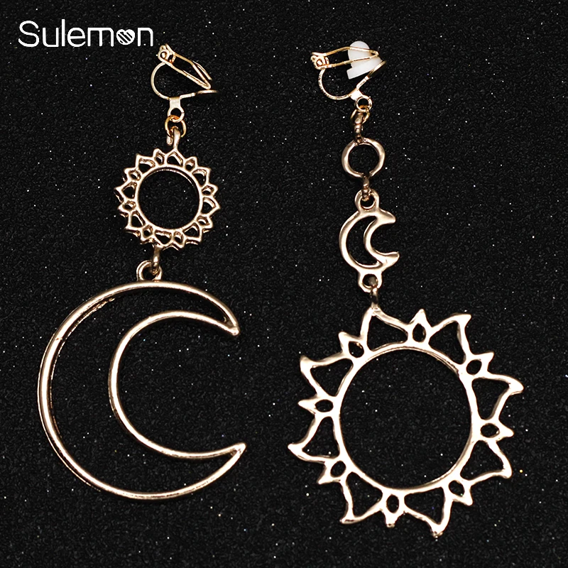 

Stars Moon Sun Earrings No Hole Ear Clips Geometric Metal Hollow Line Clip Earrings non pierced earrings Gift CE369