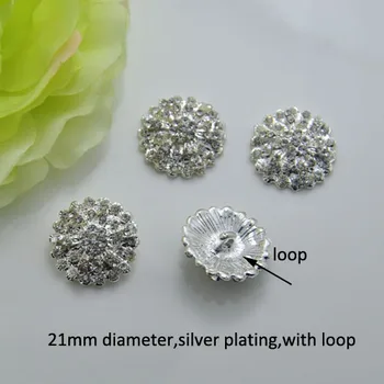 

(J0442) 21mm diameter elegant rhinestone metal button with loop at back,silver plating