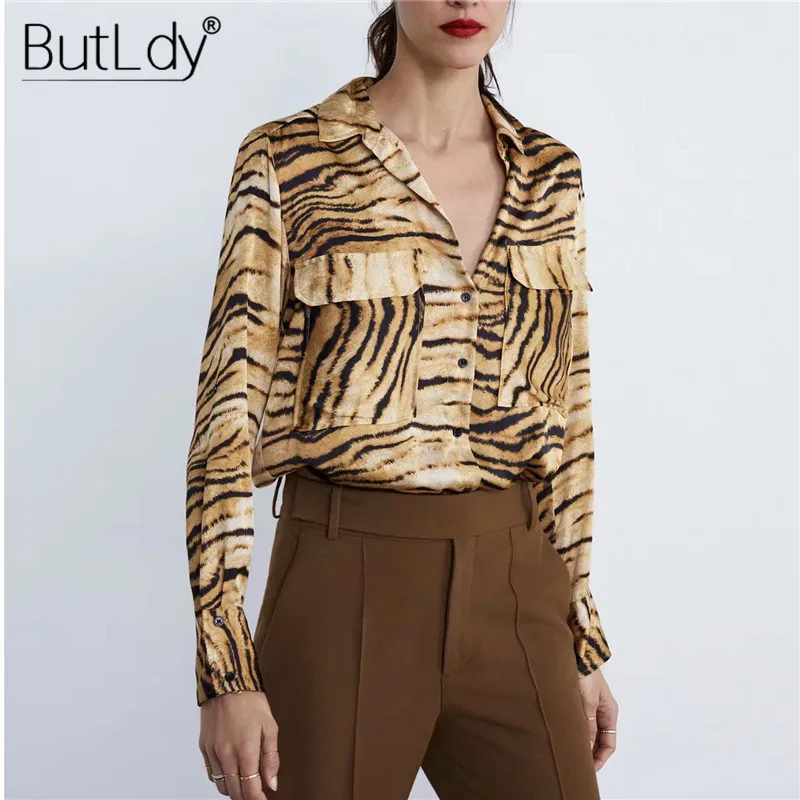 Tiger Skin Print Blouse Shirt Women Animal Pattern Long Sleeve Casual
