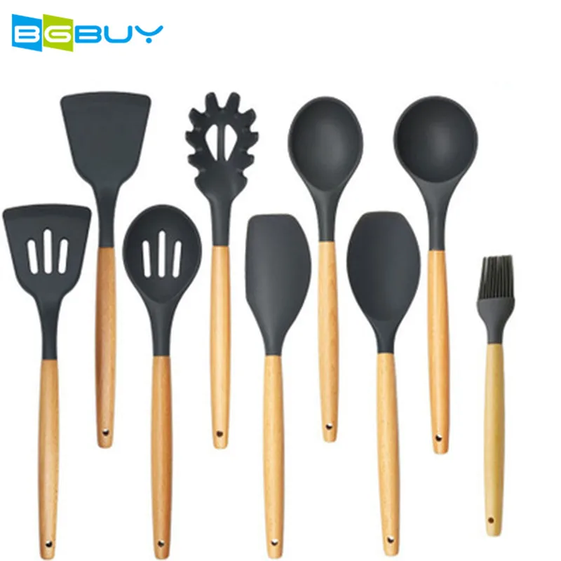 Silicone Cooking Utensils 9 Piece with Bamboo Wood Handles Nonstick Cookware Set | Дом и сад