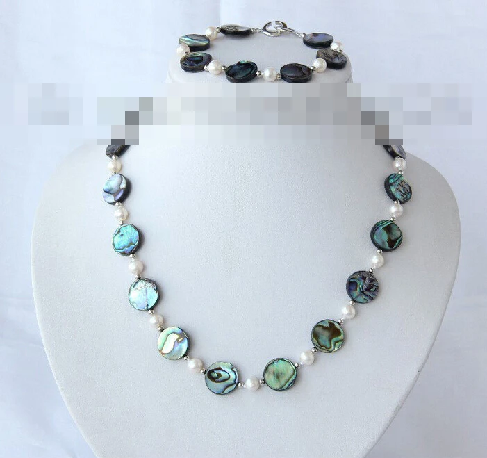

free shipping 07777 round coin green abalone shell white pearl necklace bracelet set (A0423)