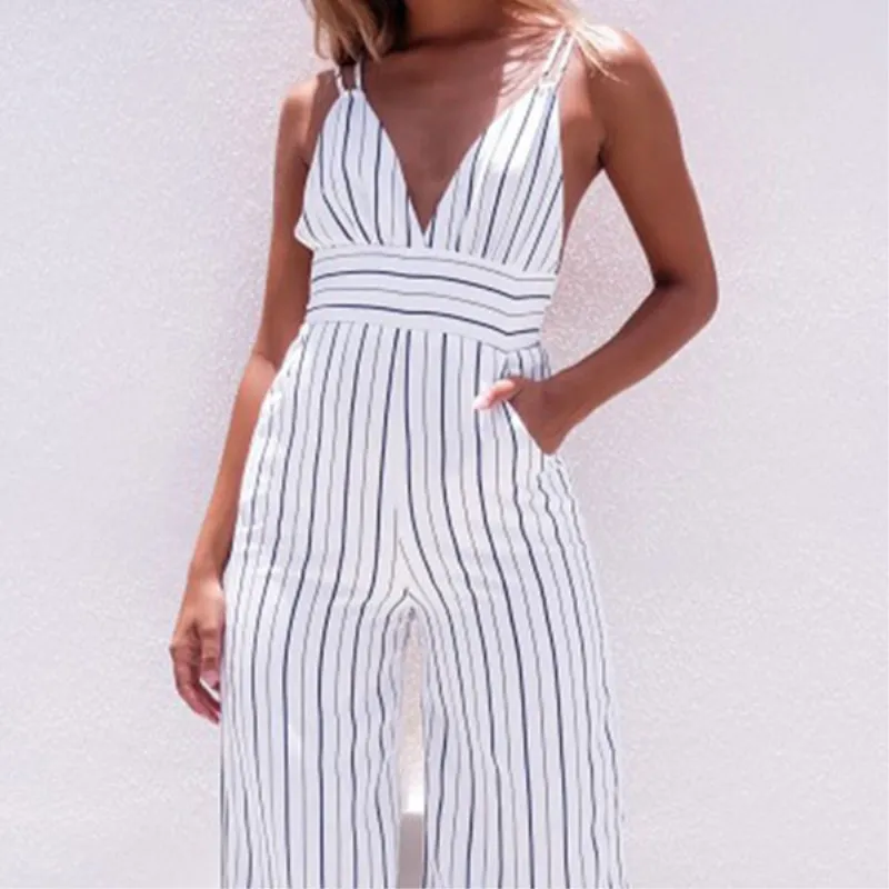

Wholesale Price Women Ladies Clubwear Sleeveless V-Neck Striped Bodycon Party Fashion Jumpsuit Size S-XL