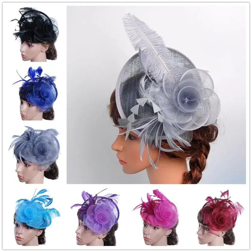 

women Summer 2018 NEW Casual Fashion Women Fascinator Mesh Hat Ribbons And Feathers Wedding black Hat