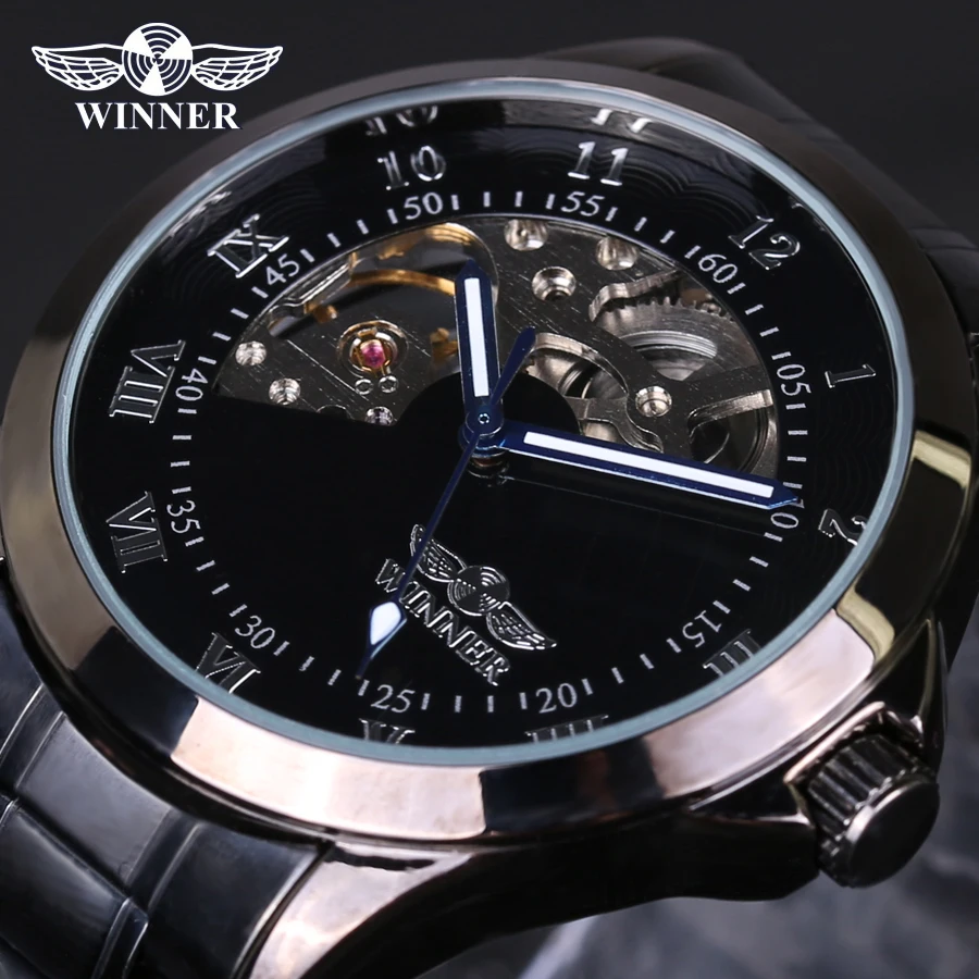 font b winner b font Skeleton mechanical watch luxury men black waterproof fashion casual military