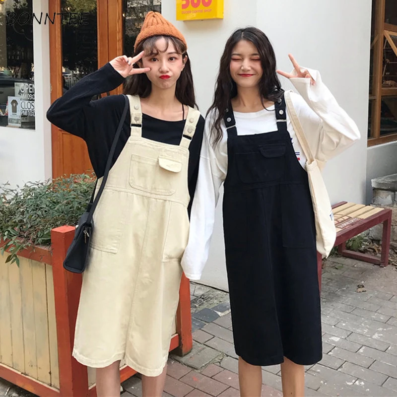 

Dress Women Trendy Solid Loose Knee-Length High Quality Denim Womens Sleeveless Strap Dresses Pockets Girlfriend Straight Korean