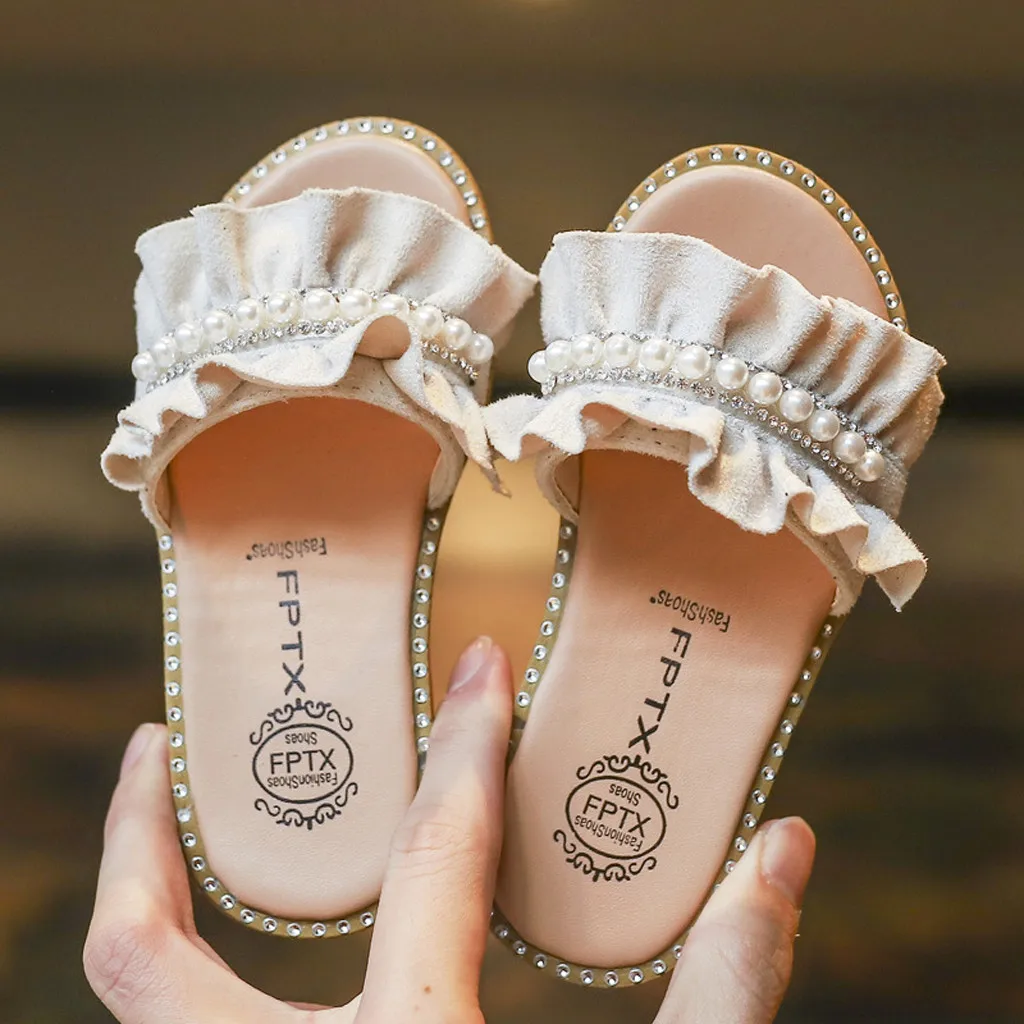 Kids Sandals Toddler Baby Girls Sandals Pearls Crystal Ruffles Princess Shoes Slippers Comfortable Casual Summer Shoes