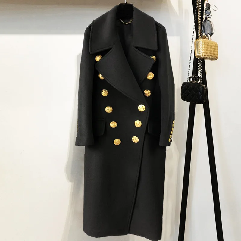 

New Europe and America blasting winter women coat coat animal head personality metal button long wool coat